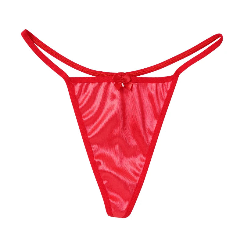 1/3Pcs Women Satin Thong Underwear Sexy Low Waist Bow G-string Cotton Crotch T-back Panties M-2XL