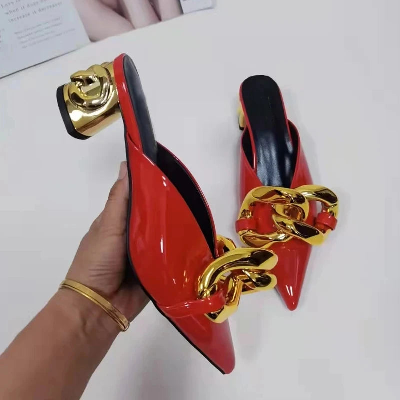 Gold Chain Slippers Woman Pointed Toe Red Black Patent Leather  High Heel Shoes Lady Fashion Muller Slippers
