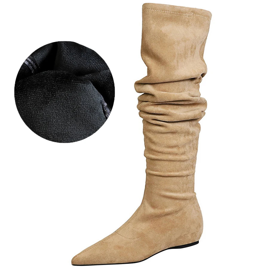 BIGTREE Shoes Women Over-the-knee Boots Side Zipper Pleated Long Boots Flat Heeled Boots Women Shoes Suede Autumn Winter Boots