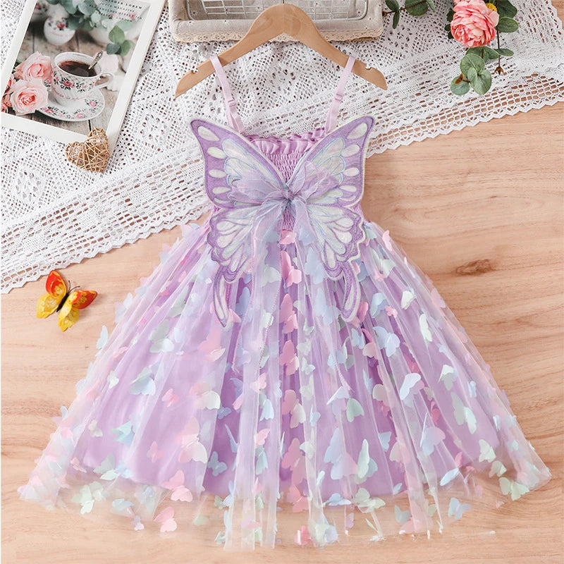 2024 Girls Purple Butterfly Dress Summer Children Colorful Mesh Dress Baby Sling Wings Princess Dress for Birthday 3-8T