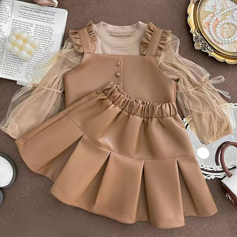 New Girls' Autumn Western Style Little Girls' Leather Two-Piece Suit Fashionable Children's Bottoming Shirt Trendy