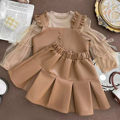 New Girls' Autumn Western Style Little Girls' Leather Two-Piece Suit Fashionable Children's Bottoming Shirt Trendy