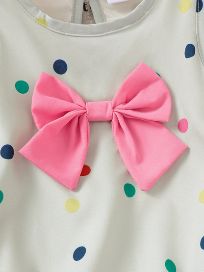 Baby Girl's Colorful Polka Dot Print Sleeveless Bloomer Top with Butterfly Knot And Pink Bloomer Shorts Summer Cute Style Set