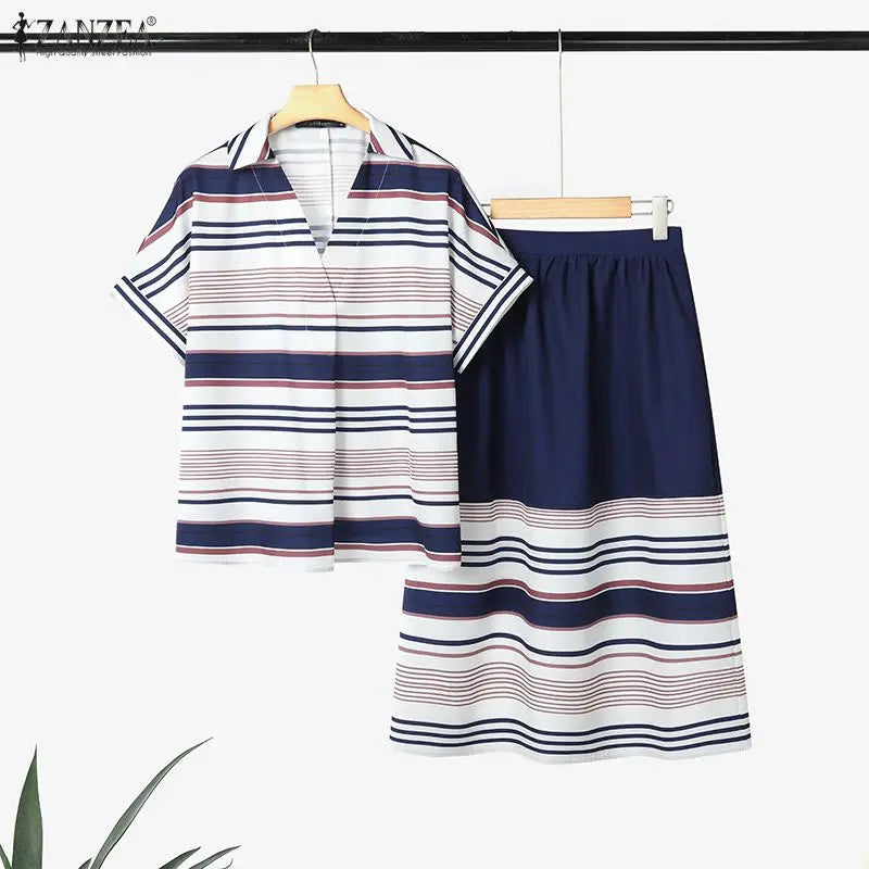 Summer ZANZEA Women Dress Sets Fashion Stripe 2PCS Two-piece Outfits Short Sleeve Thin Tops Long Skirts OL Work Streetwear 3XL