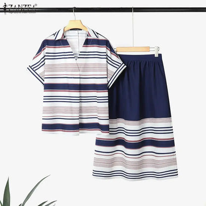 Summer ZANZEA Women Dress Sets Fashion Stripe 2PCS Two-piece Outfits Short Sleeve Thin Tops Long Skirts OL Work Streetwear 3XL