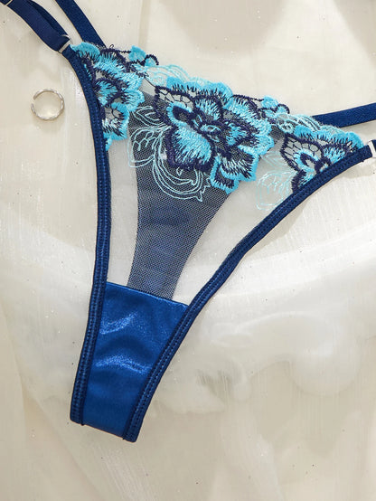 Vintage Blue Satin Lingerie Set Contrast Floral Embroidery Sheer Mesh Underwire Bra Adjustable Strap Thong Panties For Women