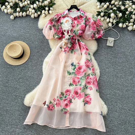 Chic vintage Sexy print mesh Spliced Fairy Summer  Women Boho Sundress women clothing Long dress
