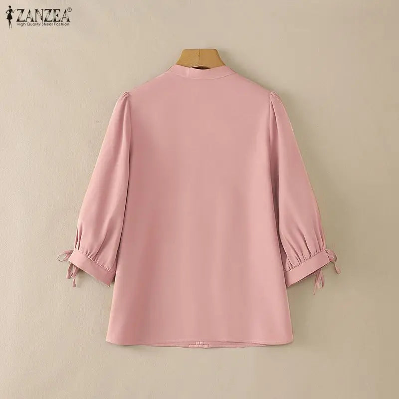 ZANZEA Summer Women's Elegant Blouses V-Neck 3/4 Puff Sleeves Lace Up Solid Color Pullover Tops Casual Loose Blusas de Mujer