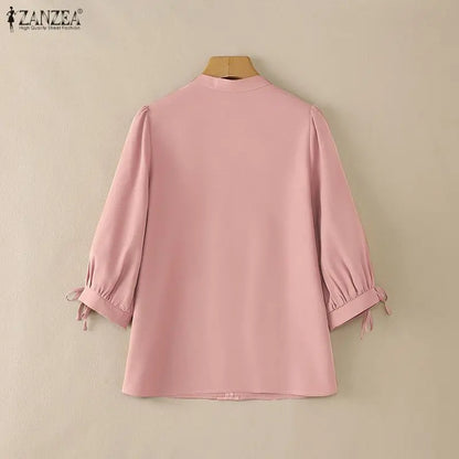 ZANZEA Summer Women's Elegant Blouses V-Neck 3/4 Puff Sleeves Lace Up Solid Color Pullover Tops Casual Loose Blusas de Mujer