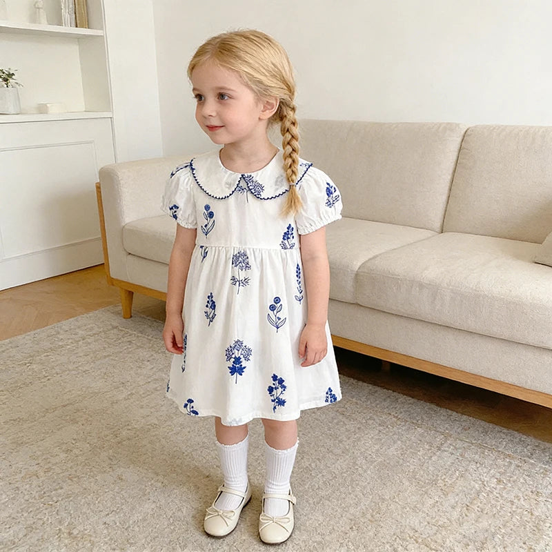 Summer New Style 2-6Y Girl Dress Short Sleeve Baby Clothes Children's Dress Korean Embroidered Girls Retro Sister Dress