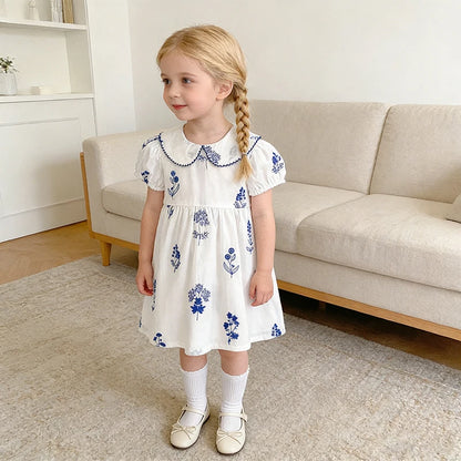 Summer New Style 2-6Y Girl Dress Short Sleeve Baby Clothes Children's Dress Korean Embroidered Girls Retro Sister Dress