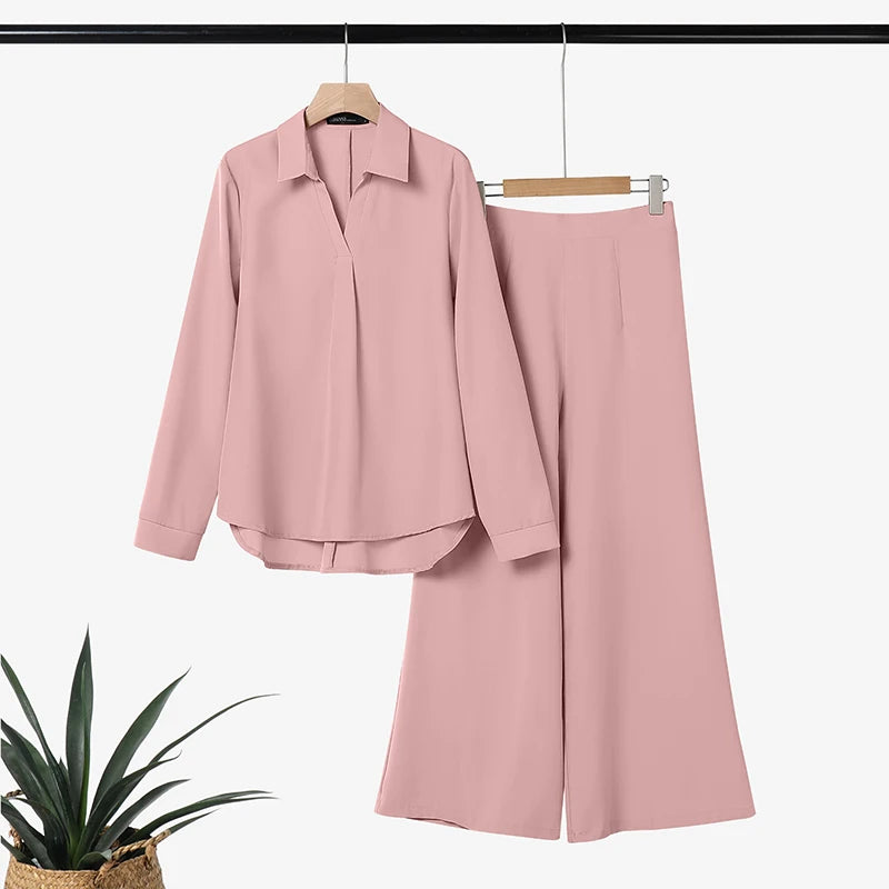 2026 ZANZEA Office Lady Pants Sets Women V Neck Long Sleeve Tops Wide Leg Trousers Suit 2026 Spring Solid Work Outfits Tracksuit