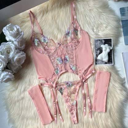 Floral Embroidery Mesh Corset Lingerie Set See Through Garter Belt 3 Piece Sexy Outfit Valentine Boudoir Photoshoot Romantic
