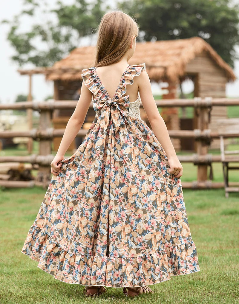 BIBIHOU Bohemian Style Dress for Girls Elegant Vintage Butterfly Costume Long dress Girls Clothes From 4 to 12 years old