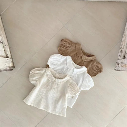 2025 Summer New Baby Girl Solid Puff Sleeve Shirts Cotton Infant Short Sleeve T Shirts Toddler Casual Lapel Shirts Kids Clothes