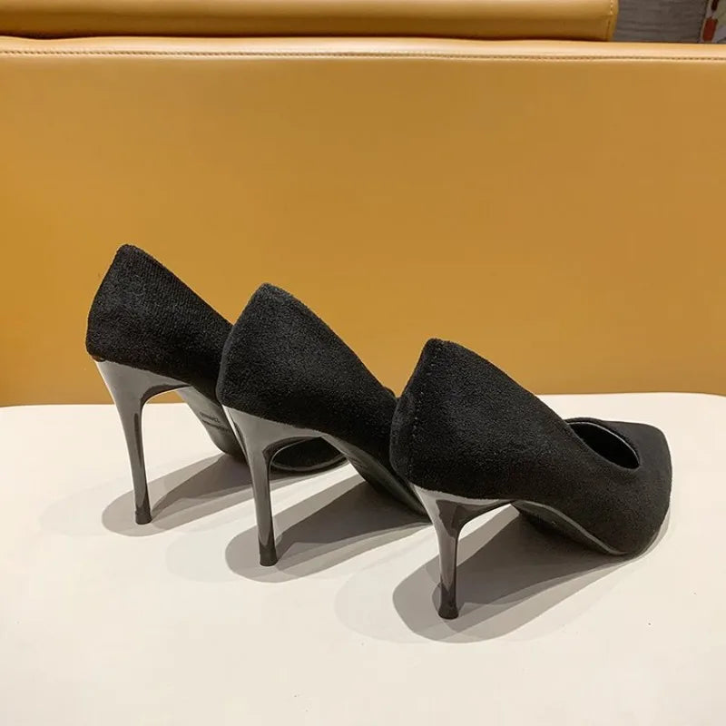 High Heels Women's New Women's Shoes Pointed Shallow Mouth Single Shoes Fine Heel Suede Black Fashion Shoes Women Large Size