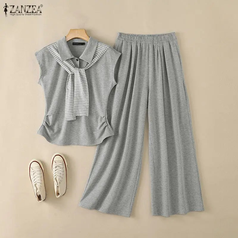 ZANZEA Women 2 Pieces Matching Sets Fashion Striped Tie Patchwork T-Shirt & Wide Leg Pant 2pcs Suits Casual Chic Tracksuits