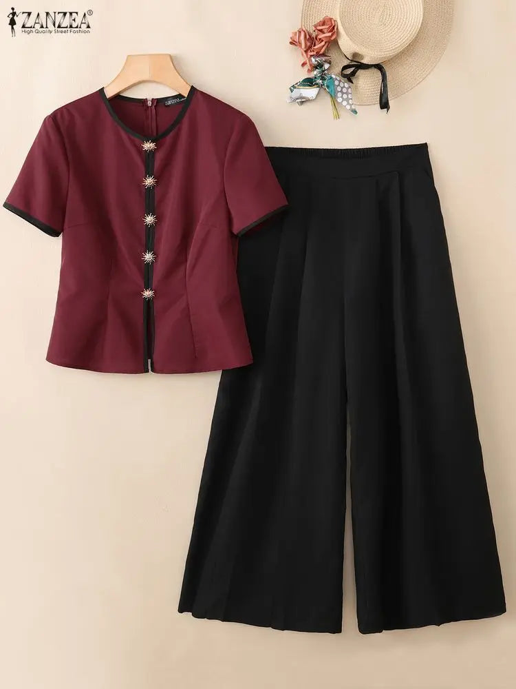 ZANZEA Fashion Summer 2 Pieces Sets Office Outfits 2026 Women Elegant Short Sleeve Blouse Pant Sets Color Blocking Tracksuit