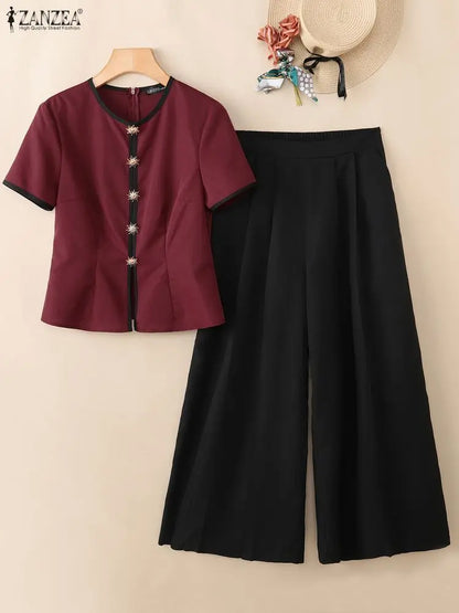 ZANZEA Fashion Summer 2 Pieces Sets Office Outfits 2026 Women Elegant Short Sleeve Blouse Pant Sets Color Blocking Tracksuit