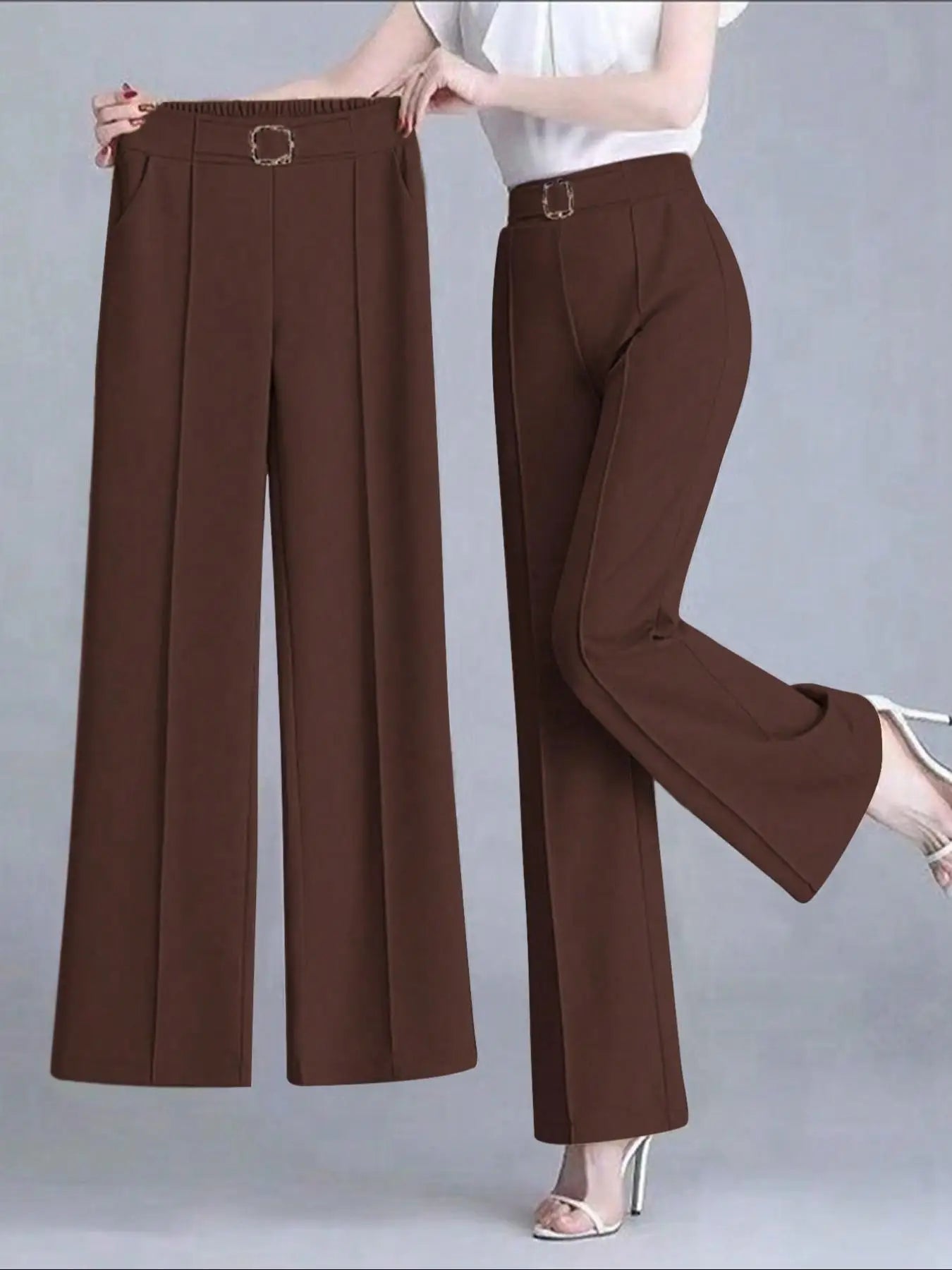 Women's Elegant Solid Color Toothpick Striped Design Straight Leg Loose Casual Commuter Pants Palazzo Trousers