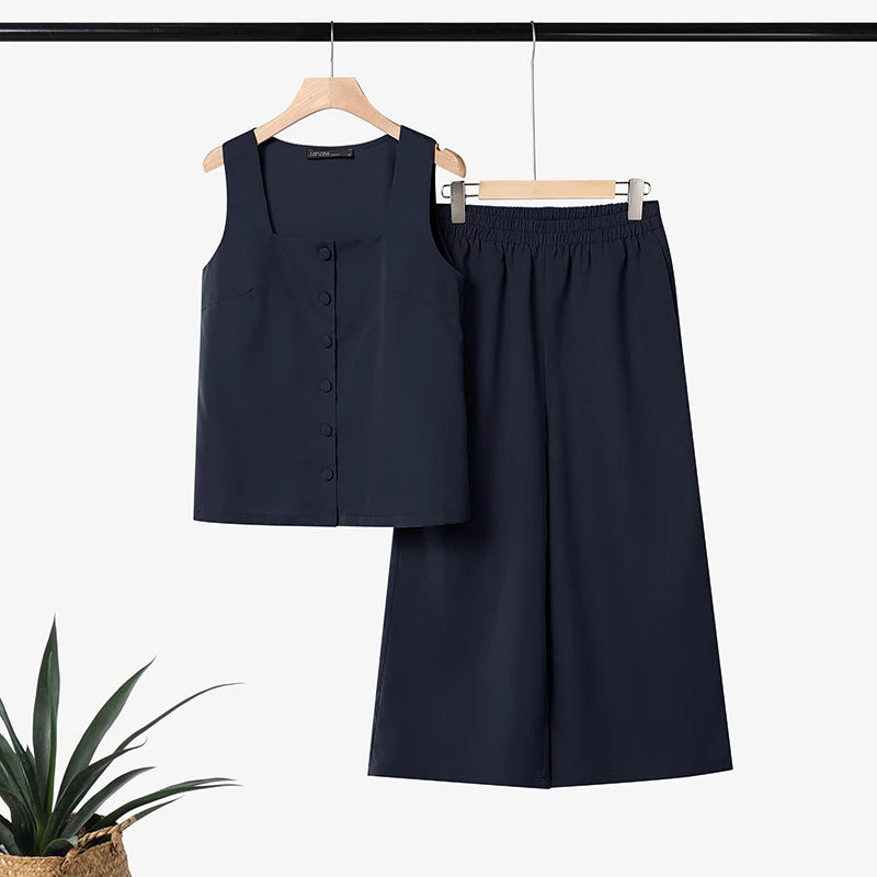 ZANZEA Women's Casual Pant Suits Wide Leg Cropped Pant & Sleeveless Tops 2 Pieces Sets SummerDaily Commute Solid Color Outfits