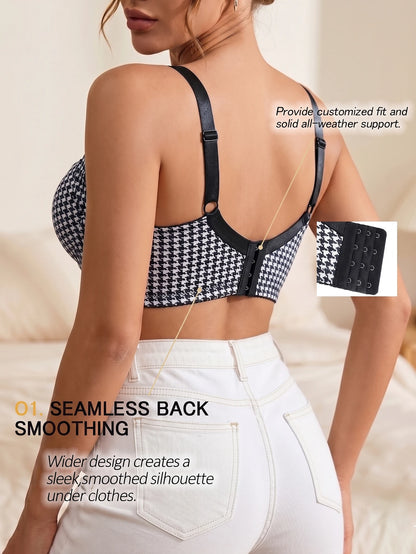 Women Houndstooth Push Up Bra Underwire Wide Side Band Gathering Everyday Thin Cup Comfortable Bra