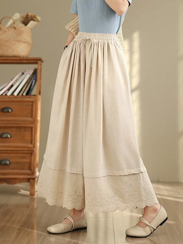 Spring Summer Lace Splicing  Color Wide Leg Pants Elastic Waist Casual Trousers Nine Points Pants Loose Fit Ladies Jeans