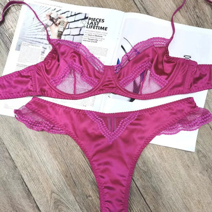 Fashion Women Lace Satin Unpadded Bra Set Soft Underwire Ultra Thin Slimming Anti-sagging Comfort Breathable Daily Underwear Set