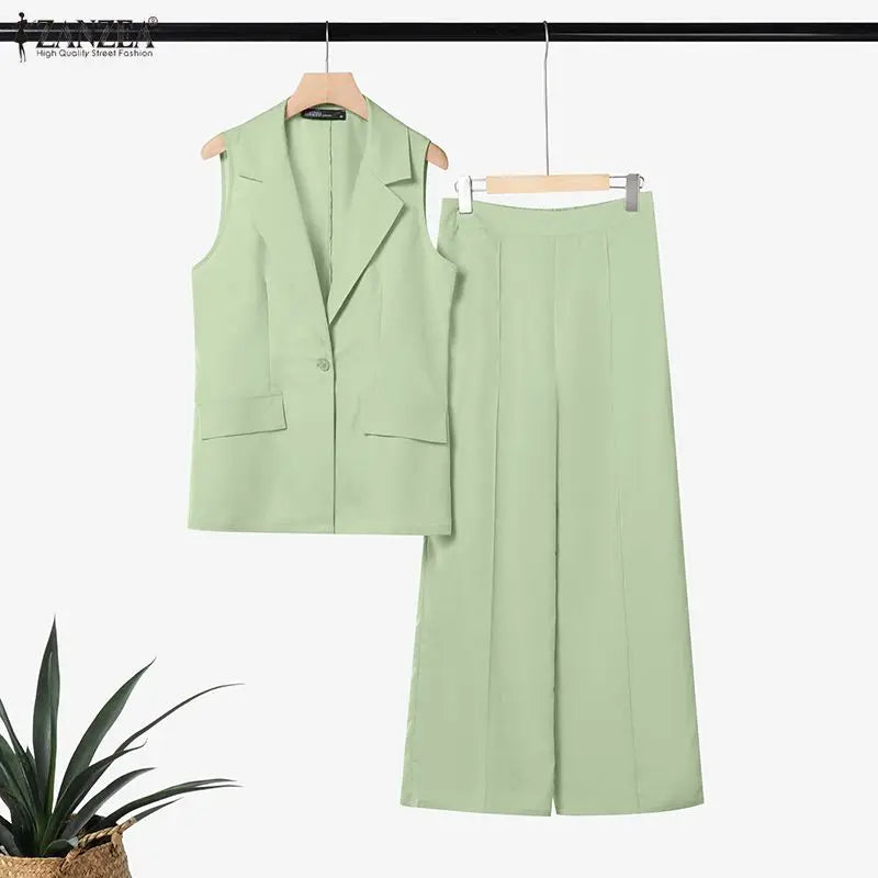 ZANZEA Women's Elegant Matching Pant Sets Summer Lapel Collar Vests Tops & Wide Leg Pants 2 Piece Suits Commute Work Tracksuits