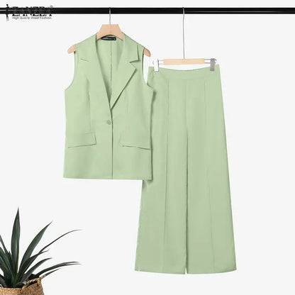 ZANZEA Women's Elegant Matching Pant Sets Summer Lapel Collar Vests Tops & Wide Leg Pants 2 Piece Suits Commute Work Tracksuits
