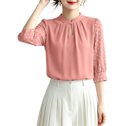 ZANZEA Women Elegant Gathered Blouses Spring Polka Dot 3/4 Puff Sleeves Stand Collar Tops Summer Daily Casual Blusas de Mujer