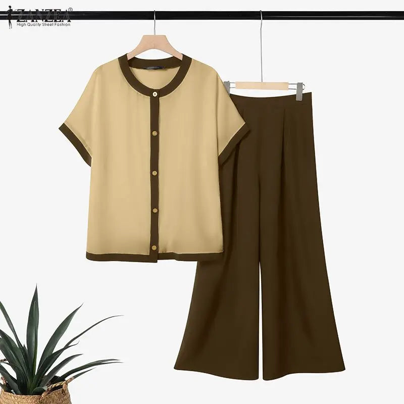 ZANZEA Color Blocked Loose 2 Pieces Matching Pant Sets Women Contrat-Trim Half Sleeve Tops & Wide Leg Pants Casual 2pcs Suits