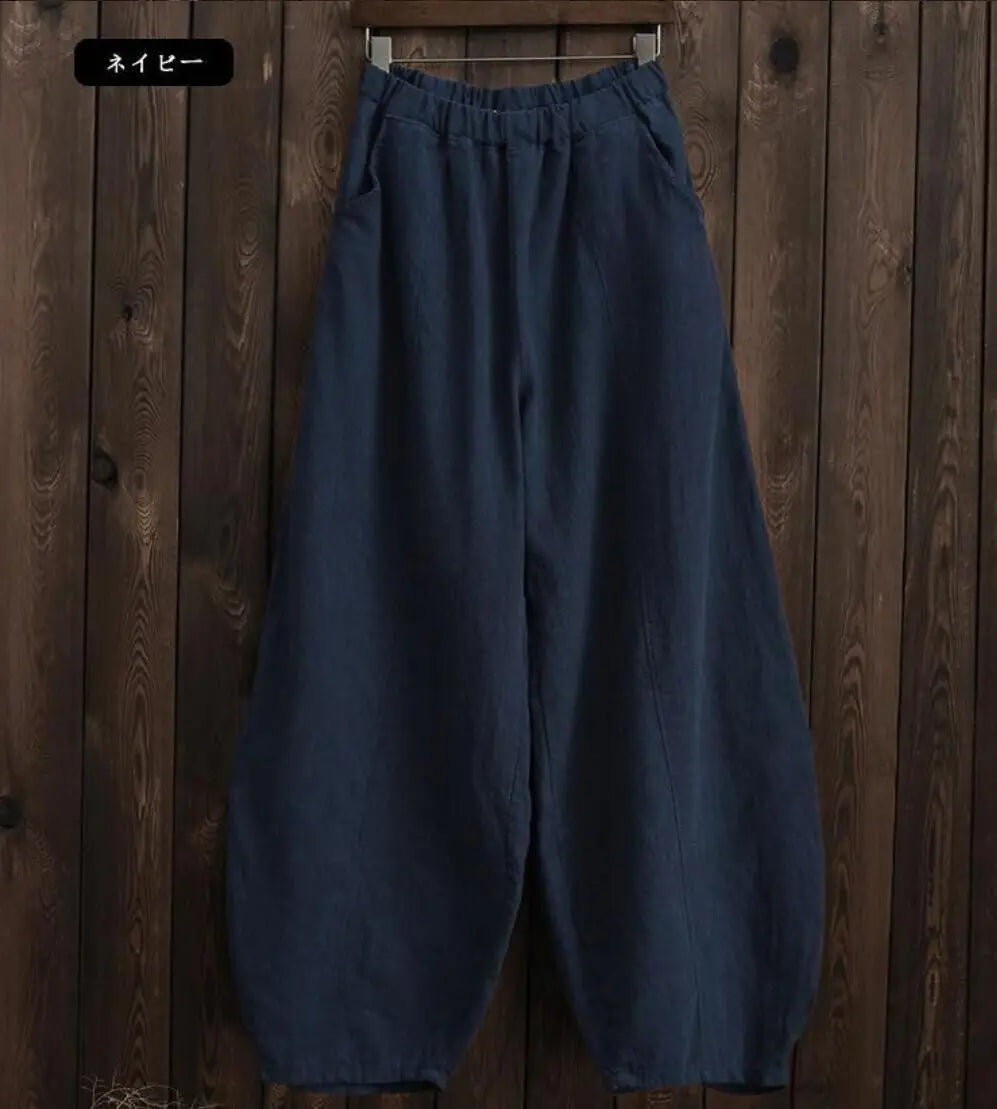 2024 Cotton Linen Bloomers Wide Leg Pants Women Vintage Full Length Fashion Elegent Pants Solid Elasitic Waist Spring Autumn 5XL