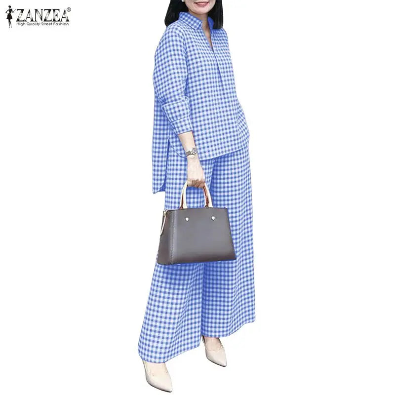 ZANZEA Women's Gingham Pant Suits Collared Long Sleeve High-Low Blouse & Wide Leg Pant 2 Pieces Sets Streetwear Casual Outfits