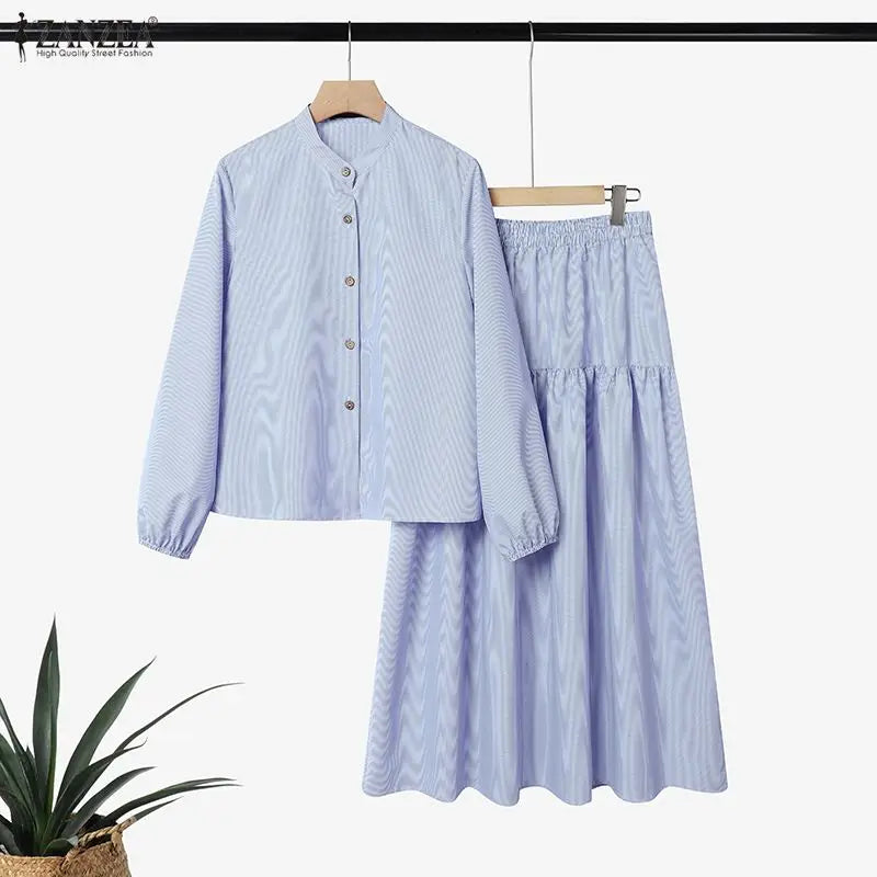 ZANZEA Women's Loose Striped Skirt Suits Long Sleeve Shirt & A-Line Long Skirt 2 Pieces Sets Female Muslim Fashion Casual Outfit
