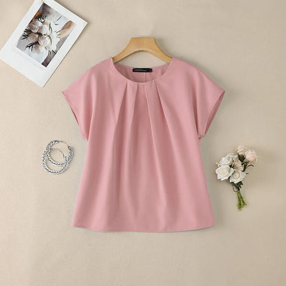 ZANZEA Women Summer Short Sleeve Blouses Casual Chic O-Neck Pleated Front Solid Color Tops Minimalist Loose Blusas de Mujer
