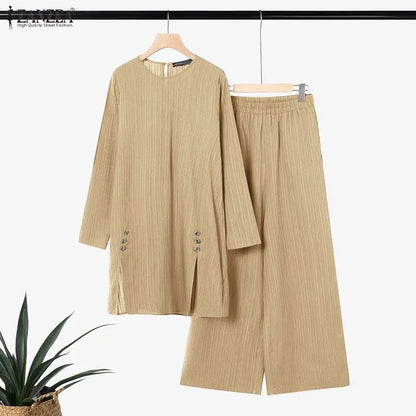 Ramadan Outfit 2026 ZANZEA Fashion Muslim Suit Women 2 Piece Sets Full Sleeve Long Tops Wide Leg Pant Sets Dubai Hijab Tracksuit