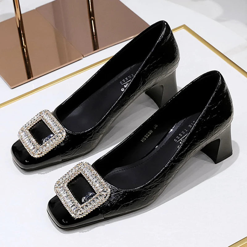 BIGTREE Fashion Metal Crystal Splice Women Pumps Kitten Heels Luxury Thick Heel Elegant Party Ladies Shoes Zapatos De Mujer