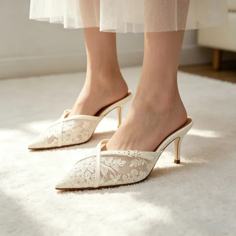 Embroidered Mesh Mules Sandals Women Sexy Pointed-toe Stilettos Slippers for Ladies Breathable High Heels Elegant Party Shoes