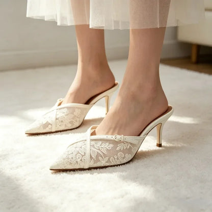 Embroidered Mesh Mules Sandals Women Sexy Pointed-toe Stilettos Slippers for Ladies Breathable High Heels Elegant Party Shoes