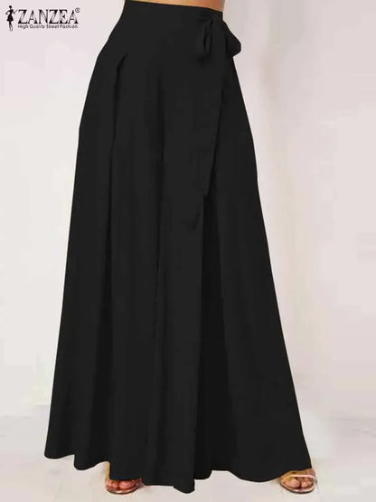 2025 Summer Wide Leg Pants ZANZEA Elegant Women High Waist Long Trousers Pleated Pantalon Casual Flare Pant Oversized Streetwear