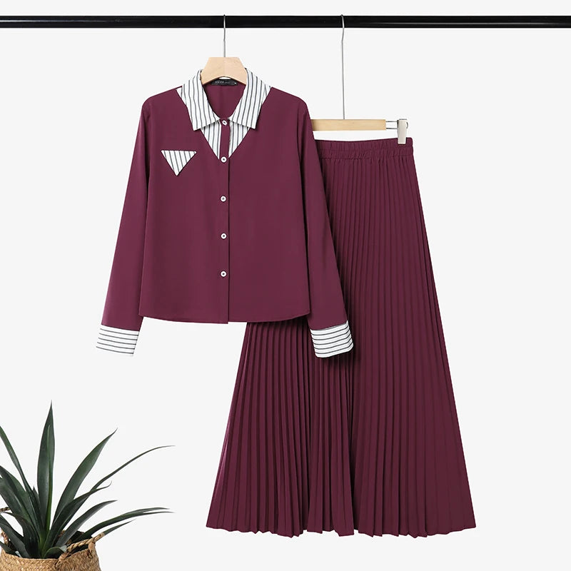 Autumn Outfits ZANZEA Muslim Modest 2 Pieces Sets Elegant Women Striped Patchwork Long Sleeve Shirt With Pleated Maxi Skirt 2026
