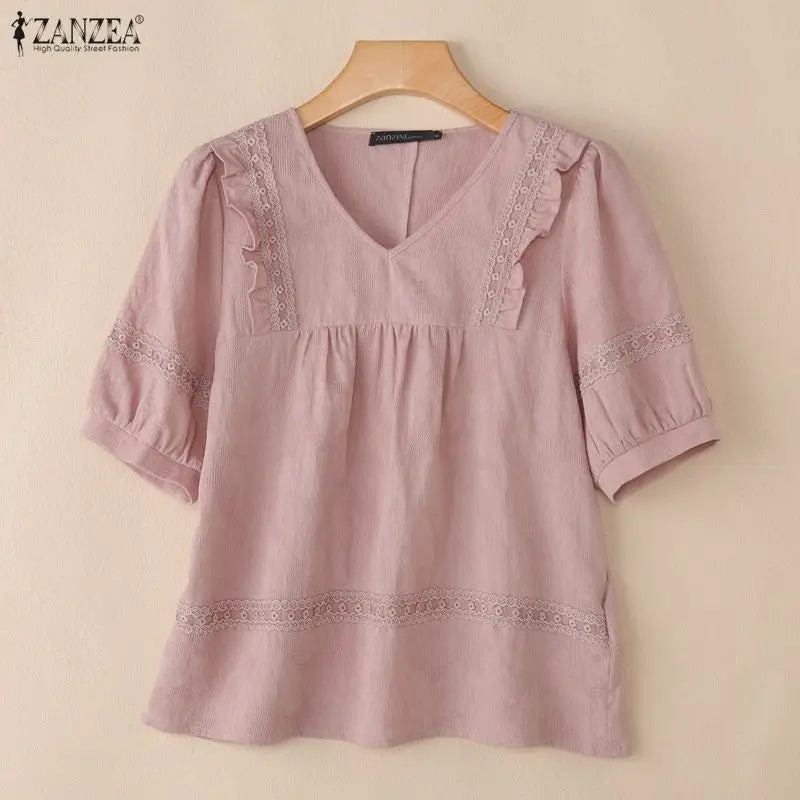 ZANZEA Women Blouse Lace Patchwork Tops Ruffles Tee Casual Summer V Neck Puff Half Sleeve Blusas OL Work Party Tunic Streetwear
