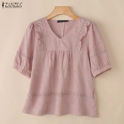 ZANZEA Women Blouse Lace Patchwork Tops Ruffles Tee Casual Summer V Neck Puff Half Sleeve Blusas OL Work Party Tunic Streetwear