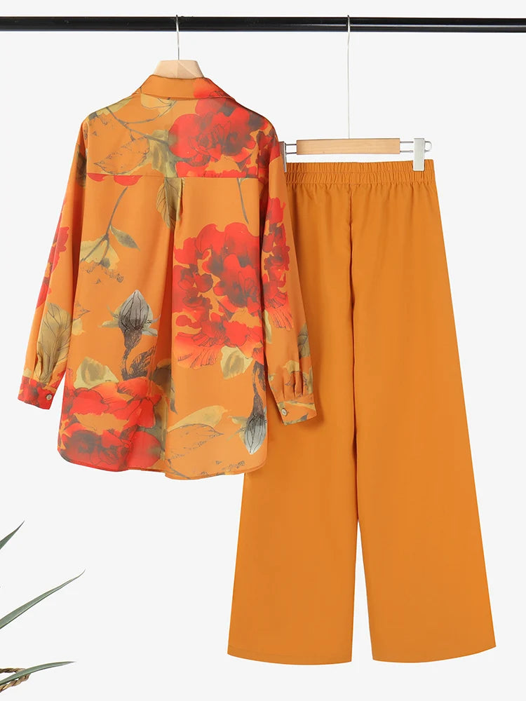 2025 ZANZEA Autumn Outfits Women 2 Pieces Sets Fashion Long Sleeve Printed Blouse Wide Leg Pant Sets 2pcs Tracksuits Oversize