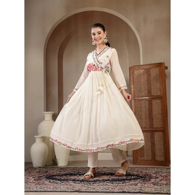White Cotton Anarkali Kurti Set with Pant Dupatta Floral Embroidered Indian Ethnic Wear Elegant Summer Suit for Women