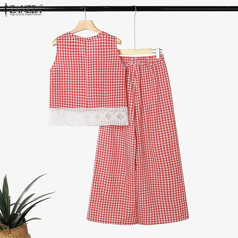 Summer 2PCS Outfits Stylish Women Plaid 2 Pieces Sets ZANZEA V Neck Sleeveless Tanks Tops Wide Leg Pant Sets Elegant Tracksuit