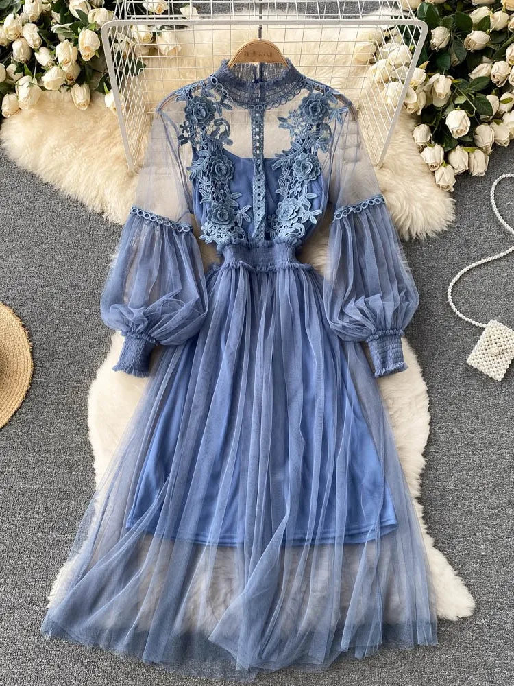 Ladies Dress Three-dimensional Flower See Through Mesh Temperament Stand Collar Lantern Sleeve High Waist Slim Female Dresses