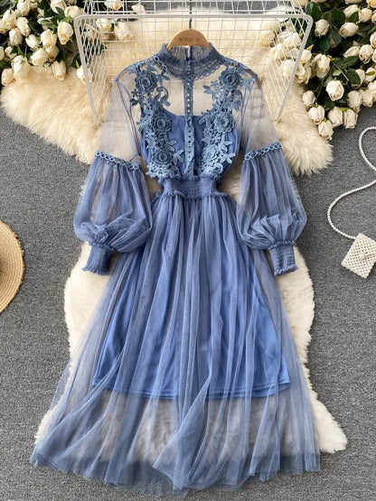Ladies Dress Three-dimensional Flower See Through Mesh Temperament Stand Collar Lantern Sleeve High Waist Slim Female Dresses