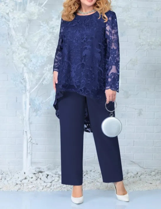 Women's Evening Dress Lace Embroidered Pants Two-piece Cocktail Dress Set Plus Size 2 Piece Set Women Summer